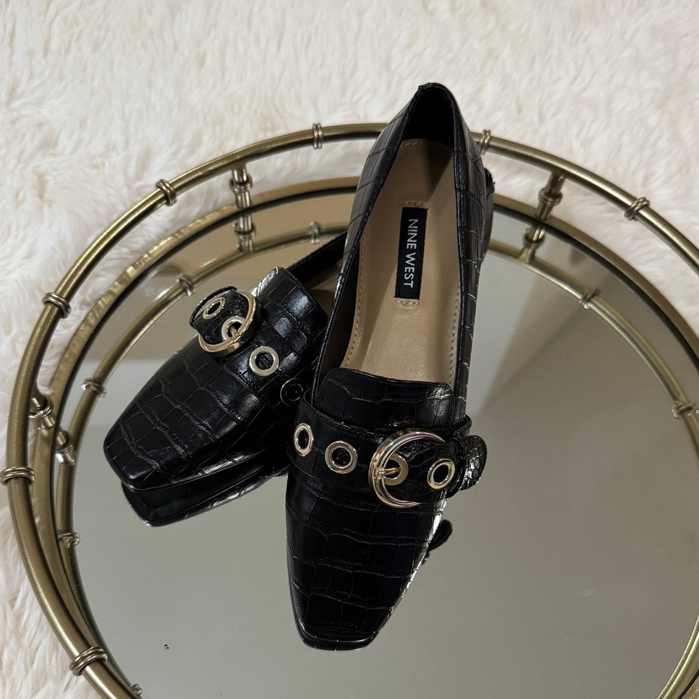 Nine West Womens Black Croc Embossed Buckle Loafers Square Toe Flats Size 5M